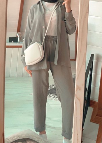 Gri Düğmeli kadın aerobin takım - Görsel 6