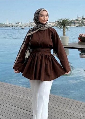 Kahverengi Kemerli Uzun Kollu Midi Tunik