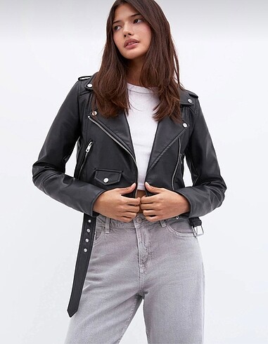 s Beden Suni Deri Biker Ceket