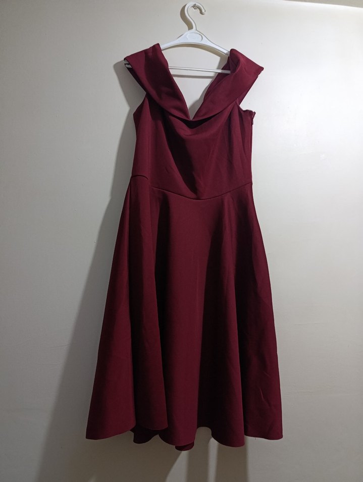 Bordo Drapeli Midi Abiye Elbise - Görsel 2