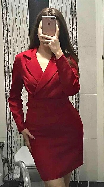 m Beden kırmızı Renk Kırmızı Ceket Yaka Elbise