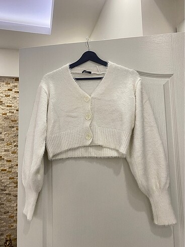 Addax Beyaz Peluş Crop Hırka