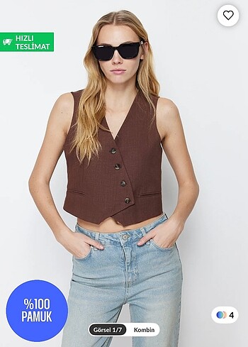 Kahverengi Crop Fitted Keten Yelek