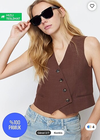 Trendyol & Milla Kahverengi Crop Fitted Keten Yelek