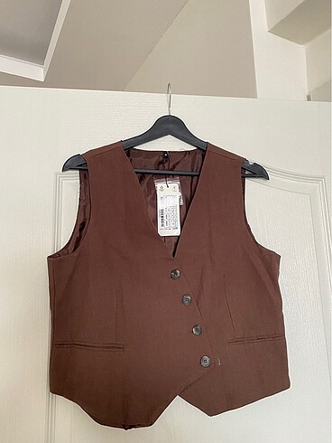 m Beden kahverengi Renk Kahverengi Crop Fitted Keten Yelek