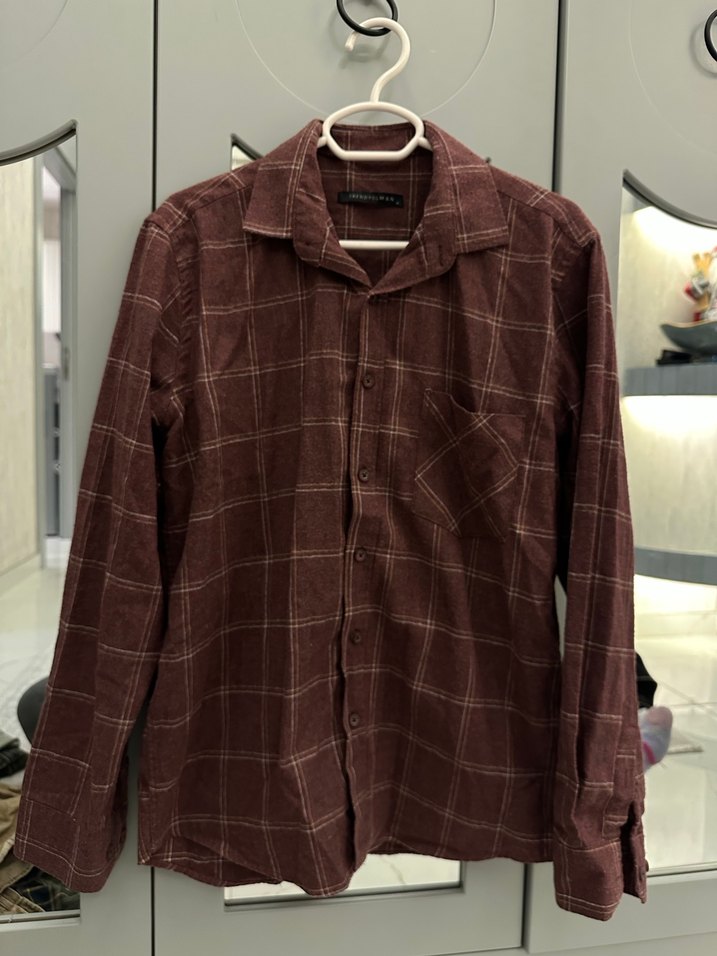 TRENDYOLMAn Erkek Kareli Bordo Düğmeli  Keten Gömlek - Görsel 2