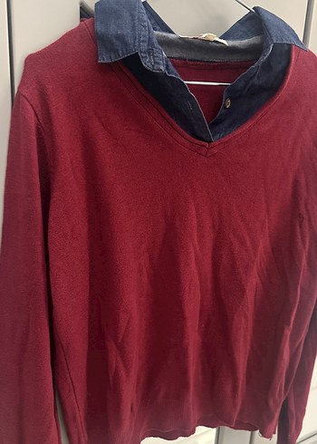 KOTON Bordo Pamuklu Düğmeli Kot Yaka Kadın Triko Kazak - Görsel 3