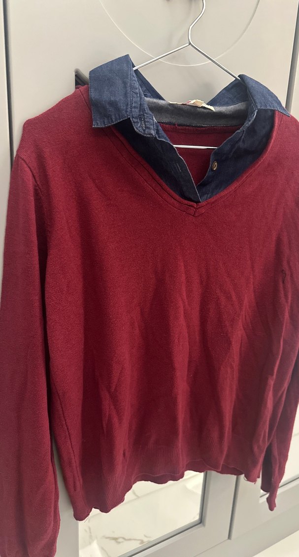 KOTON Bordo Pamuklu Düğmeli Kot Yaka Kadın Triko Kazak - Görsel 3