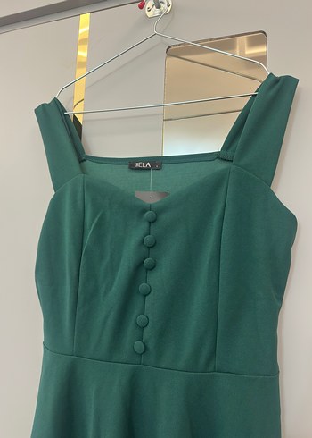 ETİKETLİ Düğmeli V Yaka Yeşil Midi Krep Kumaş Elbise - Görsel 2