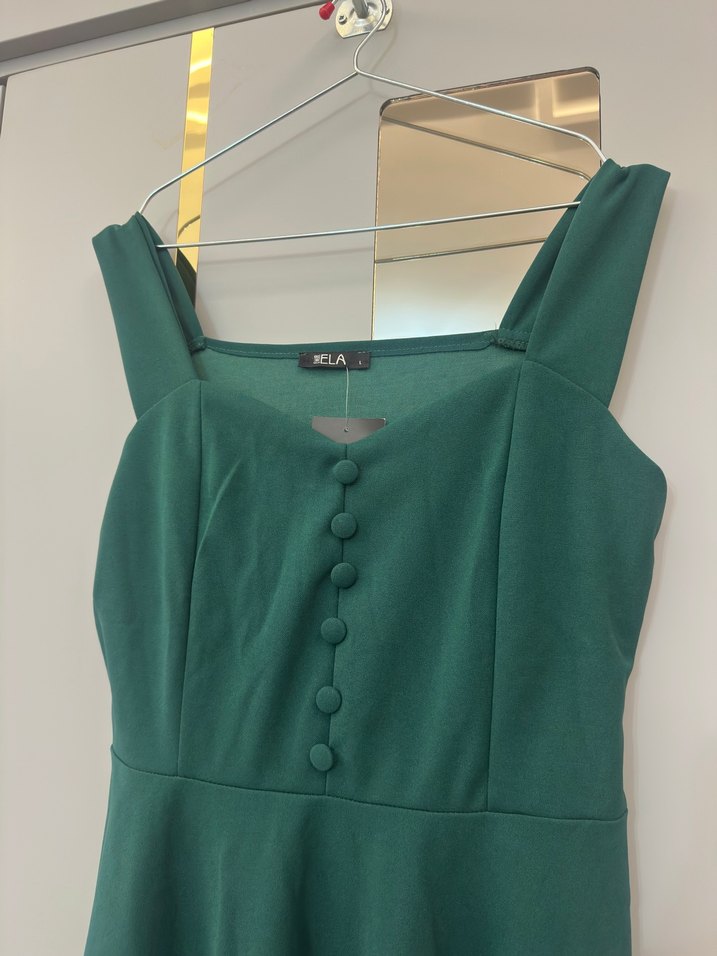 ETİKETLİ Düğmeli V Yaka Yeşil Midi Krep Kumaş Elbise - Görsel 2