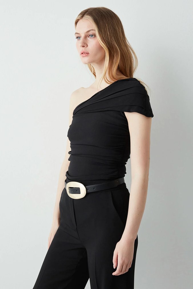 Siyah Asimetrik Straplez Mini Bluz - Görsel 2