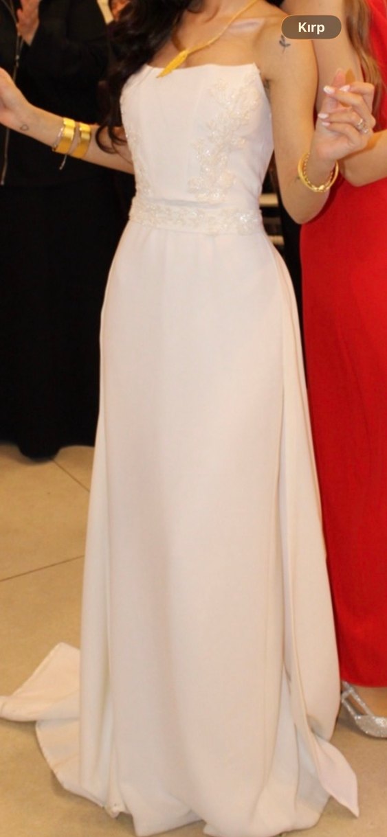 Beyaz Straplez Uzun Düz Gelinlik - Görsel 4