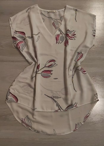 V Yaka Desenli Kısa Kollu Bohem Bluz - Görsel 2