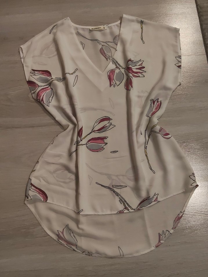 V Yaka Desenli Kısa Kollu Bohem Bluz - Görsel 3