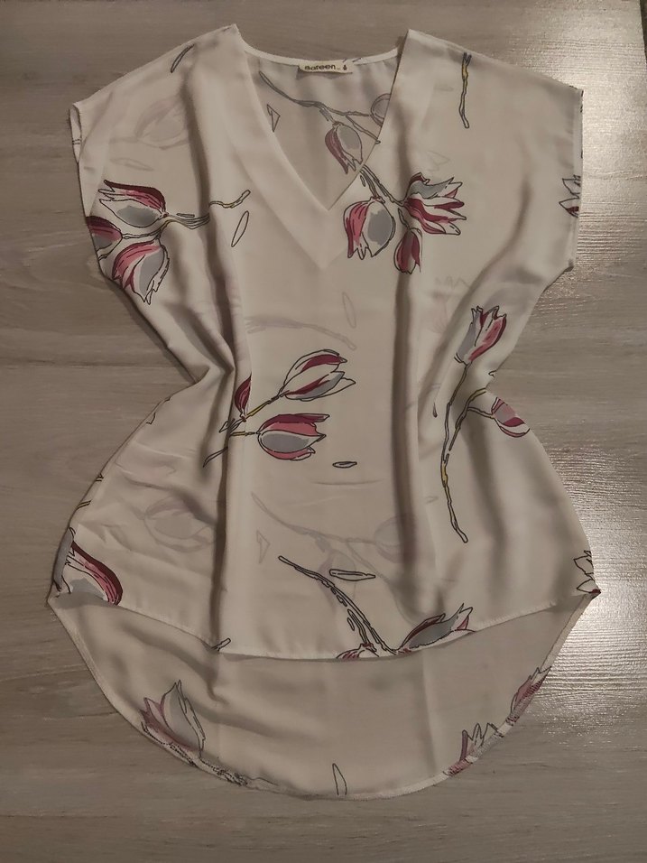 V Yaka Desenli Kısa Kollu Bohem Bluz - Görsel 2