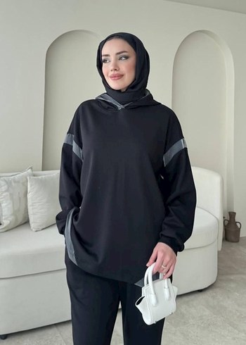 Siyah Gri Uzun Kollu Rahat Kadın Takım - Görsel 2