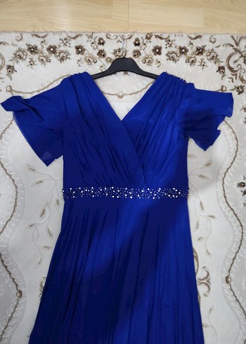 Mavi V Yaka Uzun Abiye Elbise - Görsel 9