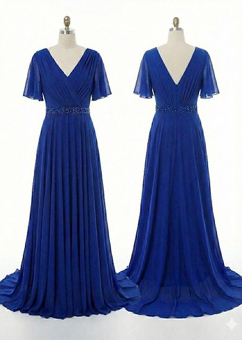 Mavi V Yaka Uzun Abiye Elbise - Görsel 3