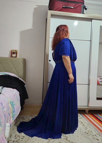 Mavi V Yaka Uzun Abiye Elbise - Görsel 11
