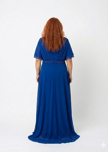 Mavi V Yaka Uzun Abiye Elbise - Görsel 2
