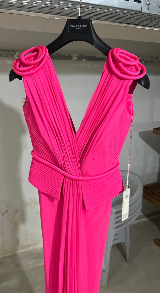 Pilise Detaylı Pembe Uzun Abiye Elbise - Görsel 5