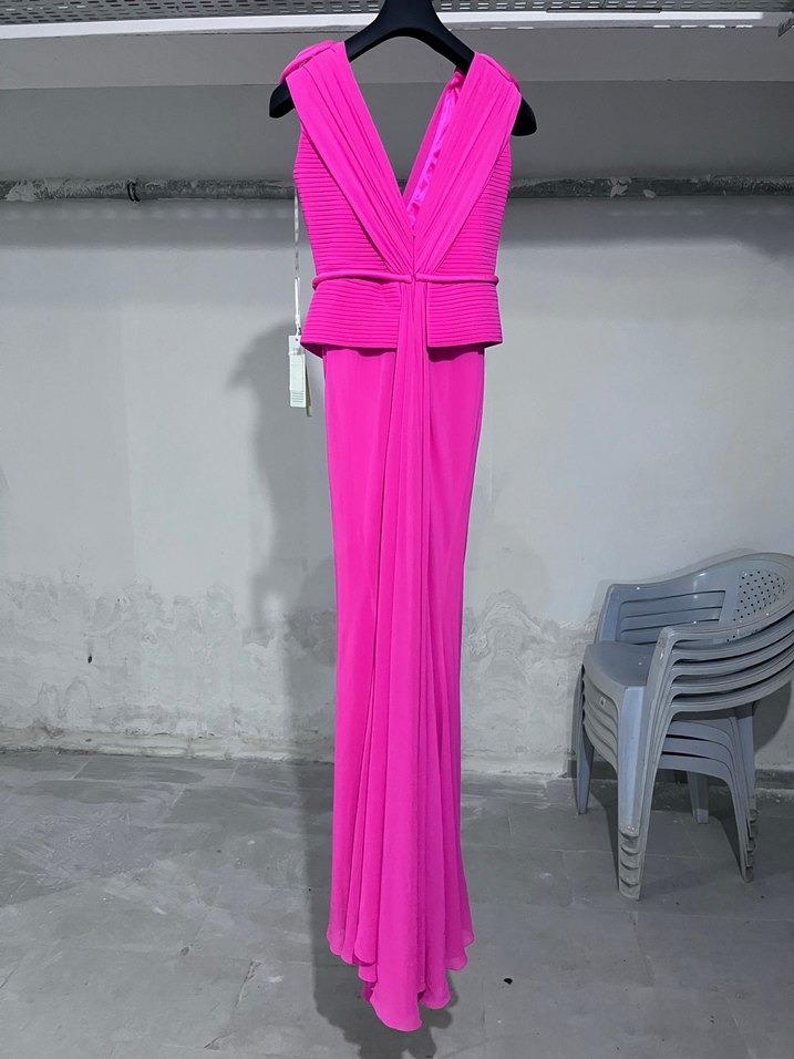 Pilise Detaylı Pembe Uzun Abiye Elbise - Görsel 2