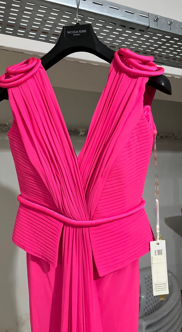 Pilise Detaylı Pembe Uzun Abiye Elbise - Görsel 4