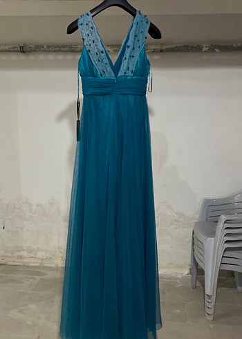 Turkuaz V Yaka Kemerli Uzun Abiye Elbise - Görsel 5