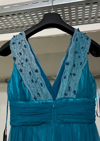 Turkuaz V Yaka Kemerli Uzun Abiye Elbise - Görsel 6