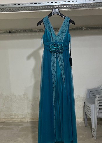 Turkuaz V Yaka Kemerli Uzun Abiye Elbise - Görsel 2