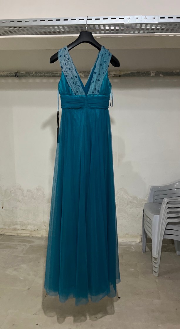 Turkuaz V Yaka Kemerli Uzun Abiye Elbise - Görsel 5