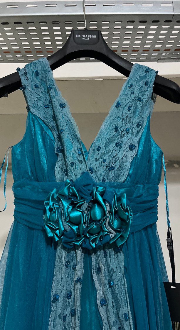 Turkuaz V Yaka Kemerli Uzun Abiye Elbise - Görsel 3