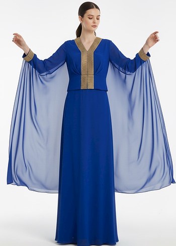 Mavi Uzun Kollu Drapeli Kadın Abiye - Görsel 12