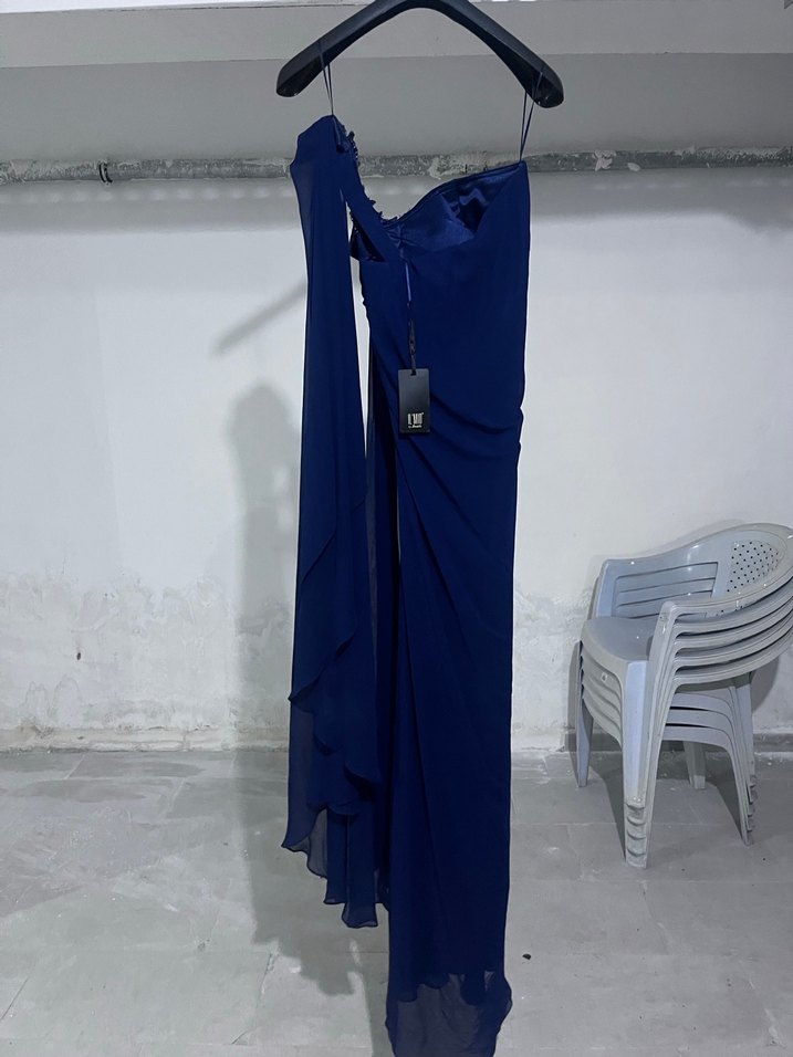 Lacivert Straplez Drapeli Uzun Abiye Elbise - Görsel 3
