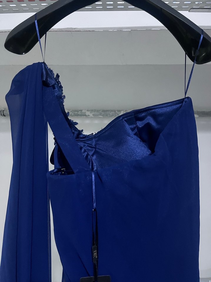 Lacivert Straplez Drapeli Uzun Abiye Elbise - Görsel 5