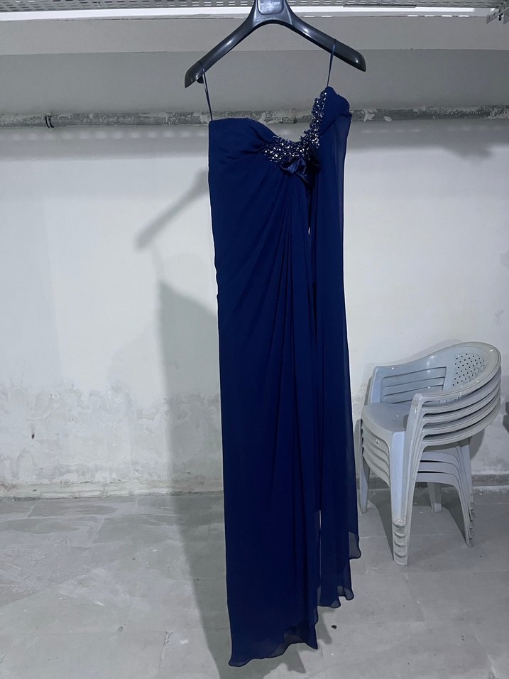 Lacivert Straplez Drapeli Uzun Abiye Elbise - Görsel 2