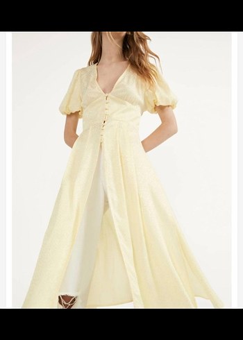 Sarı V Yaka Düğmeli Uzun kimono