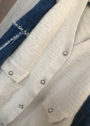 Denim Kollu Beyaz Bohem Kadın Hırka - Görsel 4