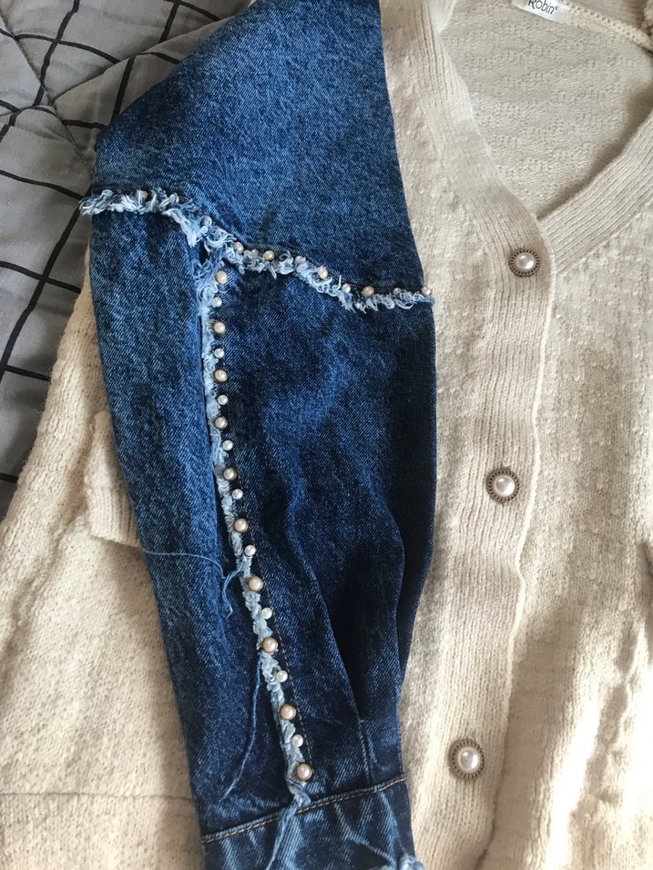 Denim Kollu Beyaz Bohem Kadın Hırka - Görsel 2