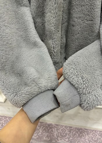 Gri Peluş Kadın Ceket Kapüşonlu - Görsel 2
