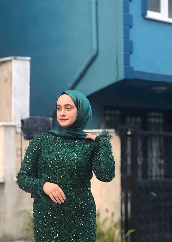 Diğer Yeşil Drapeli Uzun Tesettür Abiye Elbise