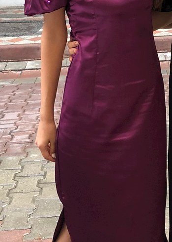 xs Beden Kadın Parlak Mor Uzun Saten Elbise