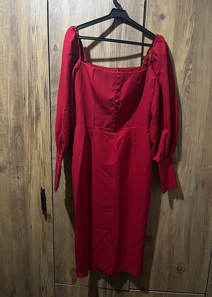 Kırmızı balon kol elbise - Görsel 2