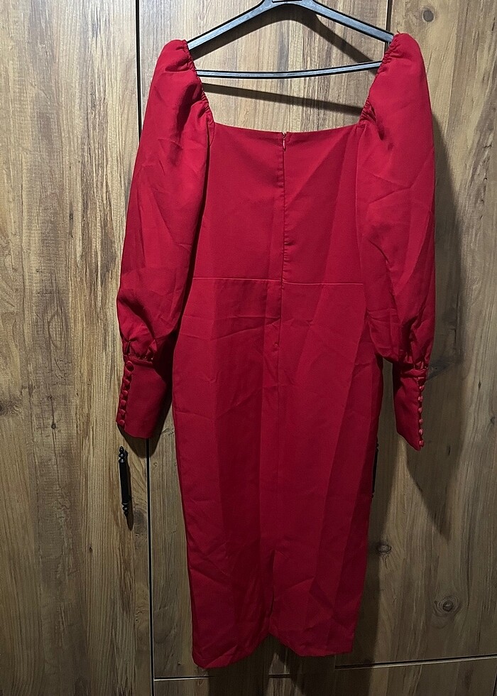 Kırmızı balon kol elbise - Görsel 3