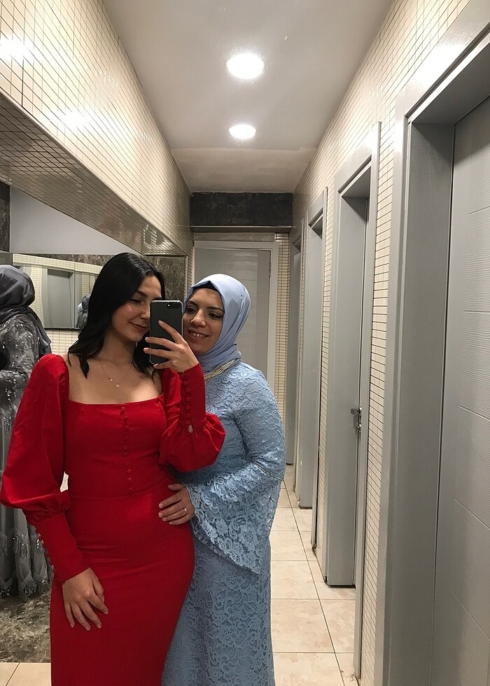 Kırmızı balon kol elbise - Görsel 5