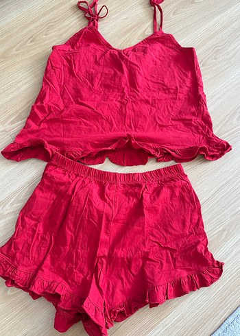 Kırmızı Kadın Mini Bohem Pijama Takımı