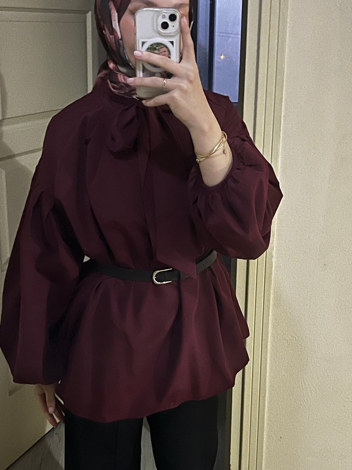 Yaka Fular Detaylı Gömlek Bordo - Görsel 3