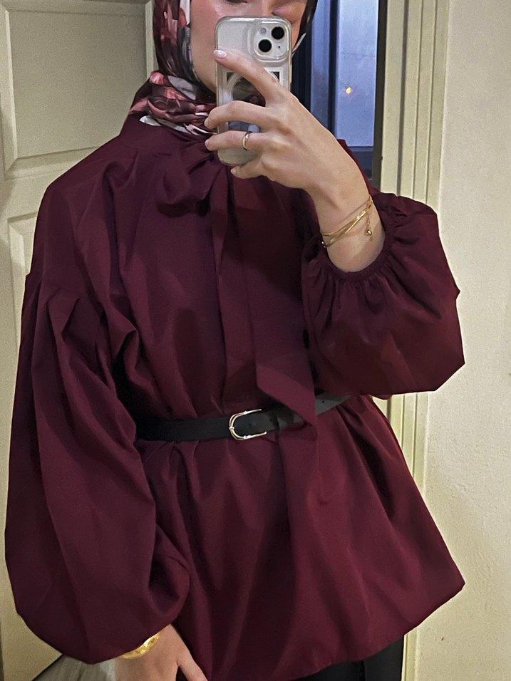 Yaka Fular Detaylı Gömlek Bordo - Görsel 2