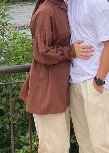 Düğmeli Salaş Kadın Bej Gömlek - Görsel 6