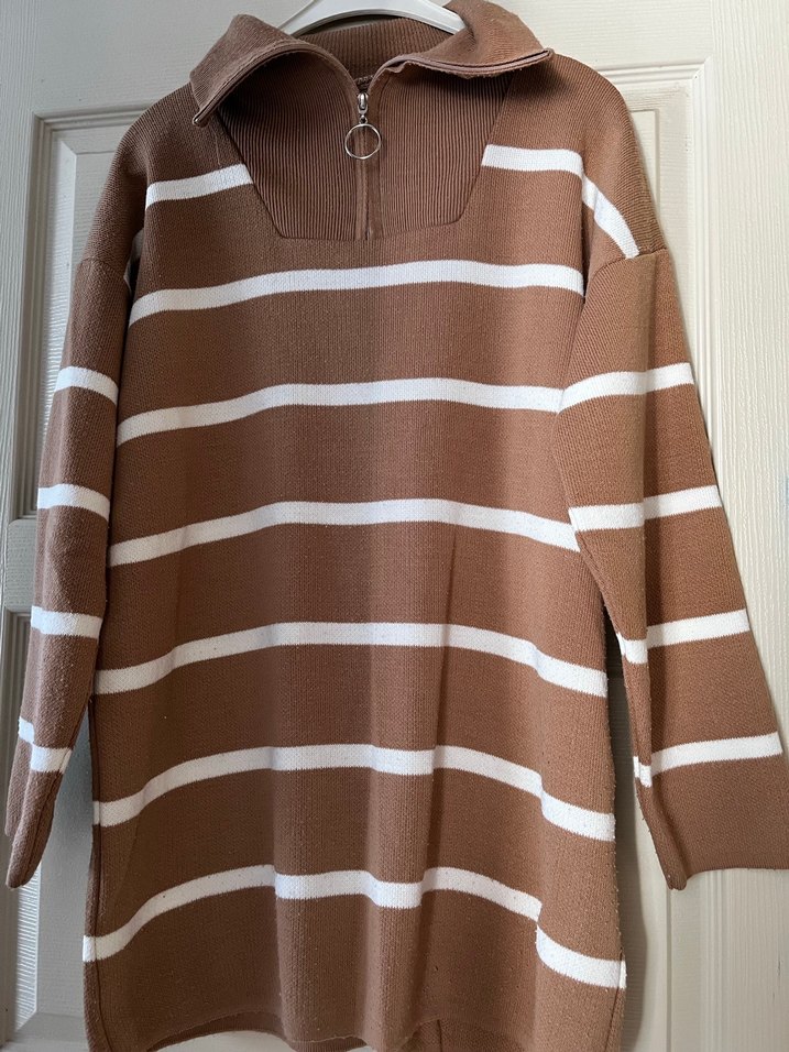 Kahverengi Çizgili Yüksek Yakalı Kadın Kazak - Görsel 3